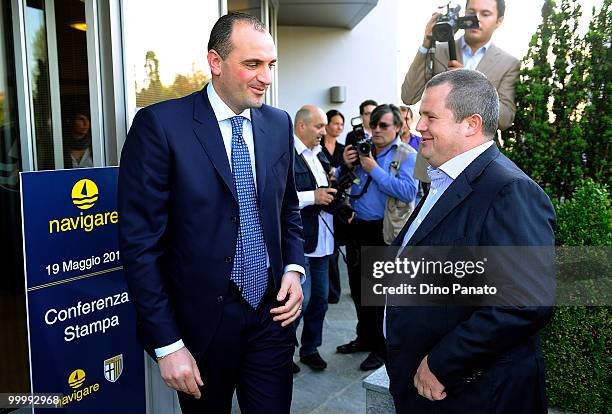 Tommaso Ghirardi president of FC Parma and Massimo Brunetti president of Navigare attend a press conference to announce the renewal of their...