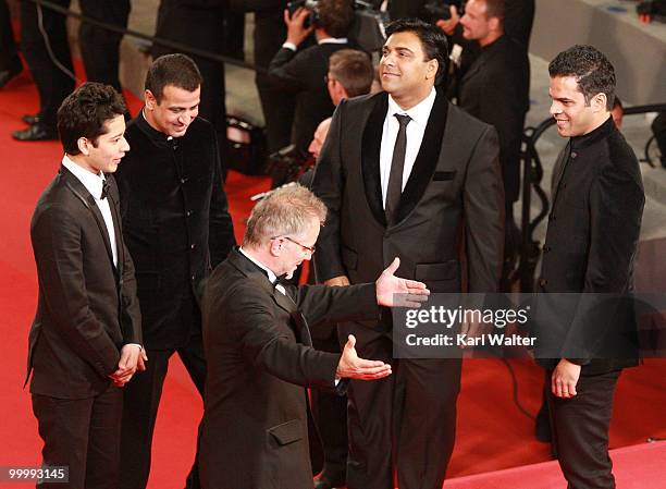 Indian director Vikramaditya Motwane and Ronit Roy with actor Ram Kapoor are greeted by General delegate Thierry Fremaux at the "My Joy" Premiere at...