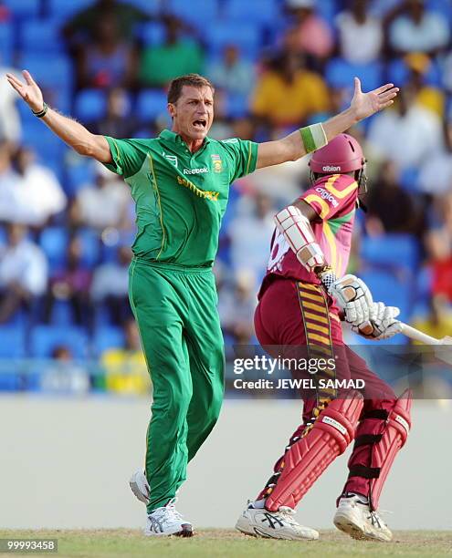 South African cricketer Dale Steyn unsuccessfully appeals for dismissal decision against West Indies Sulieman Benn during the first T20 match between...