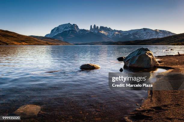 torres del paine from laguna azul - azul stock pictures, royalty-free photos & images