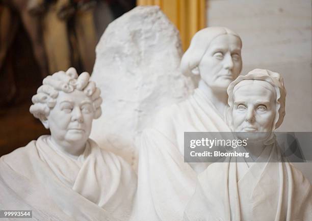 The portrait monument to Lucretia Mott, Elizabeth Cady Stanton, and Susan B. Anthony statue sits in the Capitol building rotunda in Washington, D.C.,...