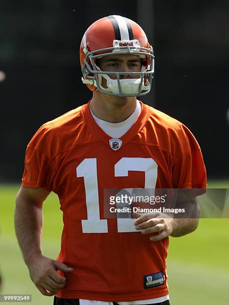 Quarterback Colt McCoy of the Cleveland Browns throws a pass during the team's organized team activity on May 19, 2010 at the Cleveland Browns...