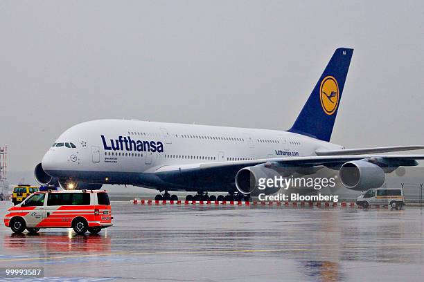 Lufthansa Airbus A380 airplane taxis after its arrival in Frankfurt, Germany, on Wednesday, May 19, 2010. Deutsche Lufthansa AG said the extra seats...