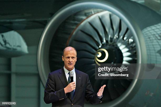Thomas Enders, chief executive oficer of Airbus SAS, speaks during a ceremony following the arrival of the first Lufthansa Airlines Airbus A380...