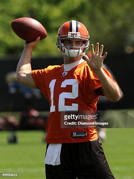 Quarterback Colt McCoy of the Cleveland Browns throws a pass during the team's organized team activity on May 19, 2010 at the Cleveland Browns...