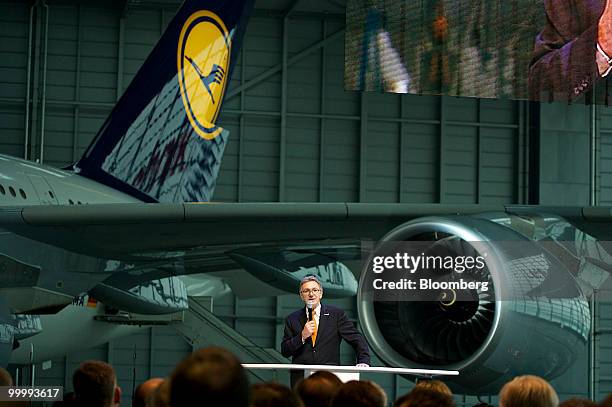 Wolfgang Mayrhuber, chief executive officer of Lufthansa AG, speaks during a ceremony following the arrival of the airlines first Airbus A380...