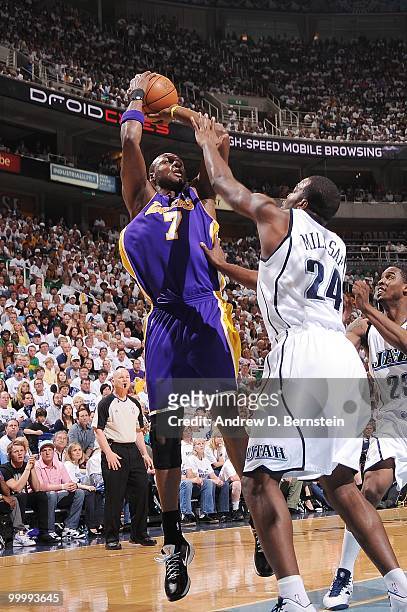 Lamar Odom of the Los Angeles Lakers shoots a jumper over Paul Millsap of the Utah Jazz in Game Three of the Western Conference Semifinals during the...