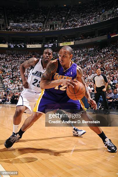 Shannon Brown of the Los Angeles Lakers makes a move to the basket against Wesley Matthews of the Utah Jazz in Game Three of the Western Conference...