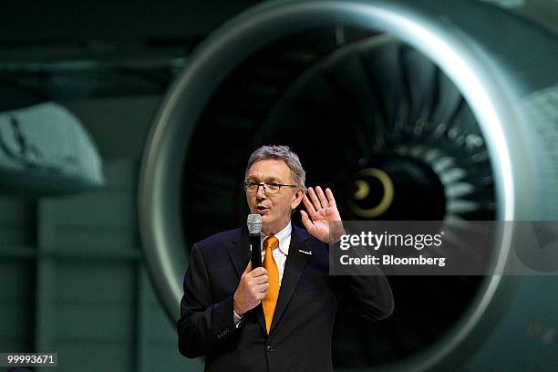 Wolfgang Mayrhuber, chief executive officer of Lufthansa AG, speaks during a ceremony following the arrival of the airlines first Airbus A380...