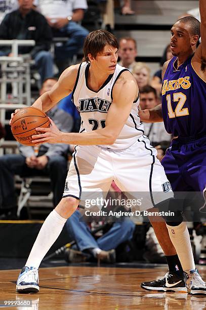 Kyle Korver of the Utah Jazz looks to make a move against Shannon Brown of the Los Angeles Lakers in Game Three of the Western Conference Semifinals...
