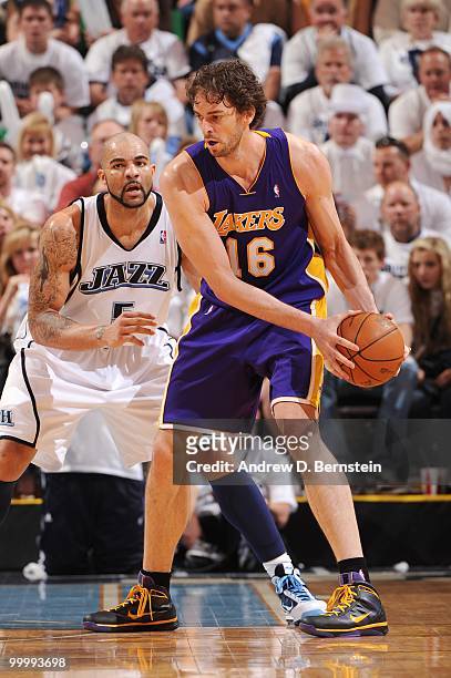Pau Gasol of the Los Angeles Lakers looks to make a move against Carlos Boozer of the Utah Jazz in Game Three of the Western Conference Semifinals...