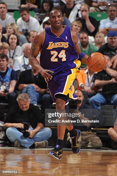 Kobe Bryant of the Los Angeles Lakers drives the ball up court in Game Three of the Western Conference Semifinals against the Utah Jazz during the...