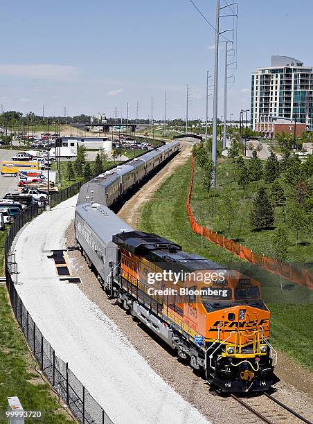 Burlington Northern Safta Fe LLC locomotive sits on display on the sidelines of the Berkshire Hathaway annual meeting in Omaha, Nebraska, U.S., on...