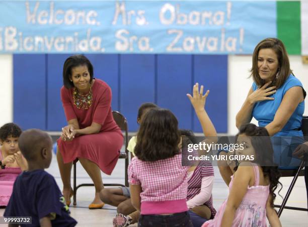 First Lady Michelle Obama listens as Mexican first lady Margarita Zavala talks to children as they visit New Hampshire Elementary School in Silver...