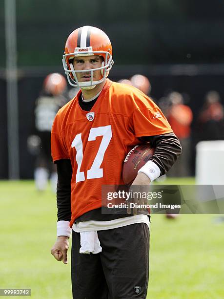 Quarterback Jake Delhomme of the Cleveland Browns watches a play during the team's organized team activity on May 19, 2010 at the Cleveland Browns...