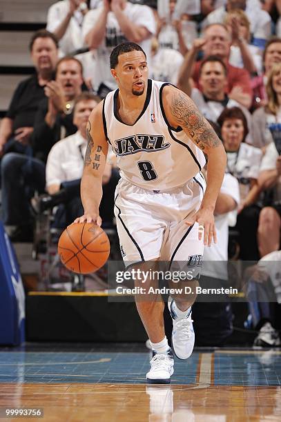 Deron Williams of the Utah Jazz moves the ball up court in Game Three of the Western Conference Semifinals against the Los Angeles Lakers during the...