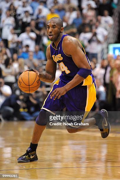 Kobe Bryant of the Los Angeles Lakers drives the ball up court in Game Three of the Western Conference Semifinals against the Utah Jazz during the...