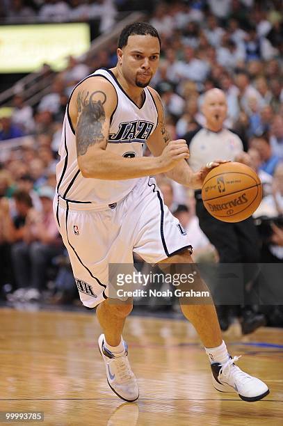 Deron Williams of the Utah Jazz moves the ball up court in Game Three of the Western Conference Semifinals against the Los Angeles Lakers during the...
