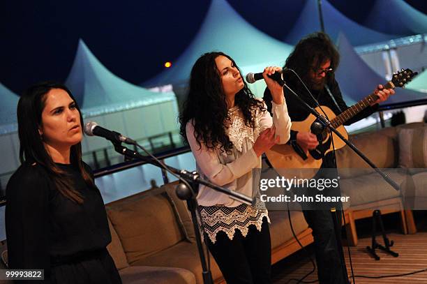 Liberty Phoenix and Rain Phoenix with Kirk Hellie perform at the "Art of Elysium Paradis Dinner and Party" at Michael Saylor's Yacht, Slip S05 during...