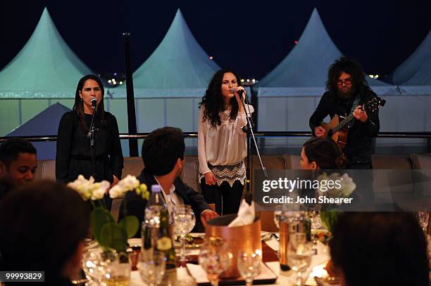 Liberty Phoenix and Rain Phoenix with Kirk Hellie perform at the "Art of Elysium Paradis Dinner and Party" at Michael Saylor's Yacht, Slip S05 during...