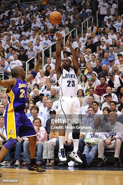 Wesley Matthews of the Utah Jazz shoots a jump shot over Kobe Bryant of the Los Angeles Lakers in Game Three of the Western Conference Semifinals...
