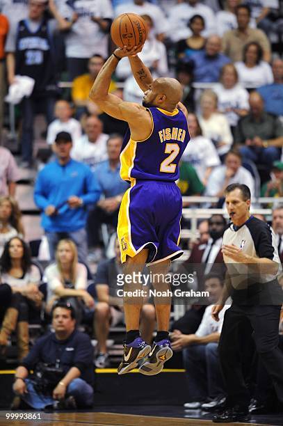 Derek Fisher of the Los Angeles Lakers shoots a jump shot in Game Three of the Western Conference Semifinals against the Utah Jazz during the 2010...