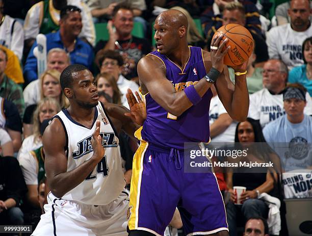 Lamar Odom of the Los Angeles Lakers looks to make a move against Paul Millsap of the Utah Jazz in Game Three of the Western Conference Semifinals...