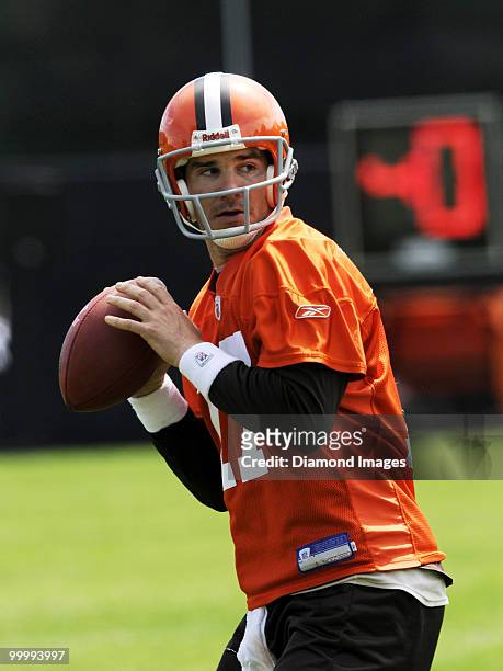 Quarterback Jake Delhomme of the Cleveland Browns looks for an open receiver during the team's organized team activity on May 19, 2010 at the...