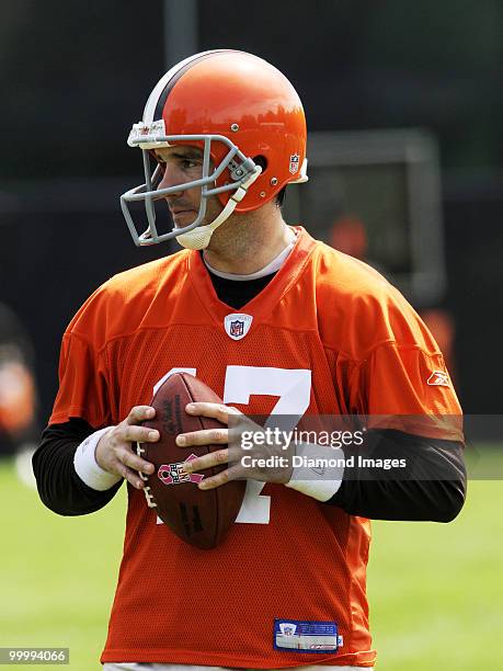 Quarterback Jake Delhomme of the Cleveland Browns watches a play during the team's organized team activity on May 19, 2010 at the Cleveland Browns...