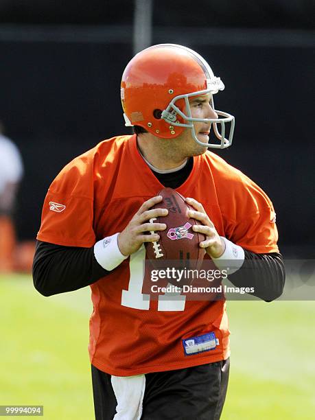 Quarterback Jake Delhomme of the Cleveland Browns looks for an open receiver during the team's organized team activity on May 19, 2010 at the...