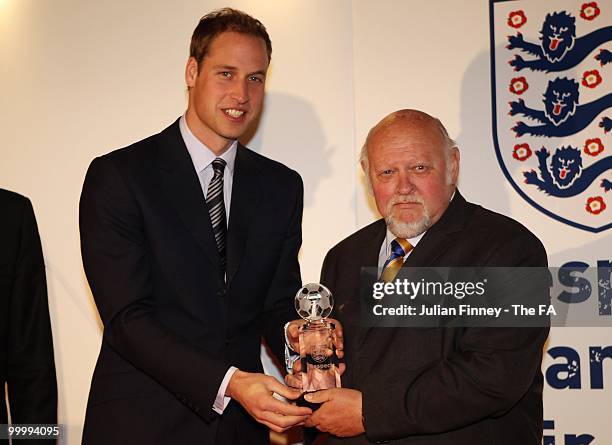 Prince William presents the National League System League Steps 5 to 7 to Brian King at the Respect and Fair Play Awards at Wembley Stadium on May...