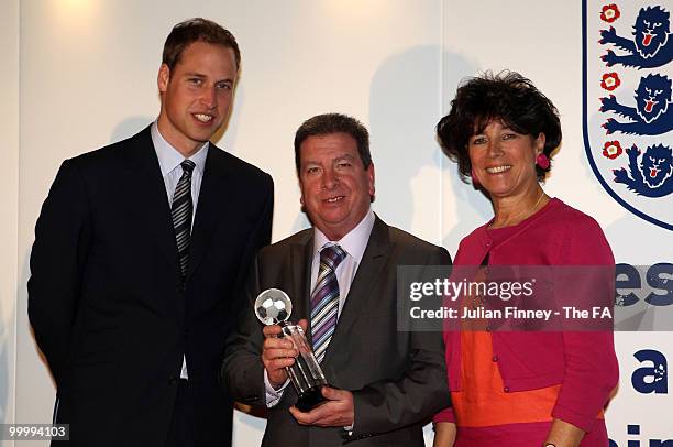 Prince William presents the Bobby Moore Award to Malcolm Lee at the Respect and Fair Play Awards at Wembley Stadium on May 15, 2010 in London,...