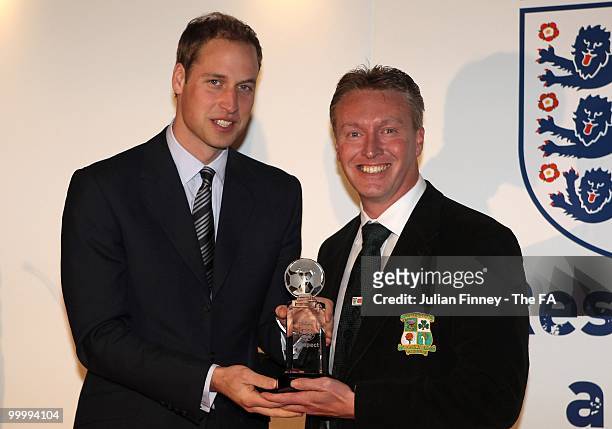 Prince William presents the Grassroots Club to Stuart Turvey at the Respect and Fair Play Awards at Wembley Stadium on May 15, 2010 in London,...