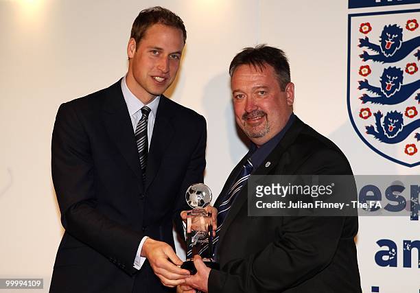 Prince William presents the Grassroots Adult League to Mark Rogers at the Respect and Fair Play Awards at Wembley Stadium on May 15, 2010 in London,...