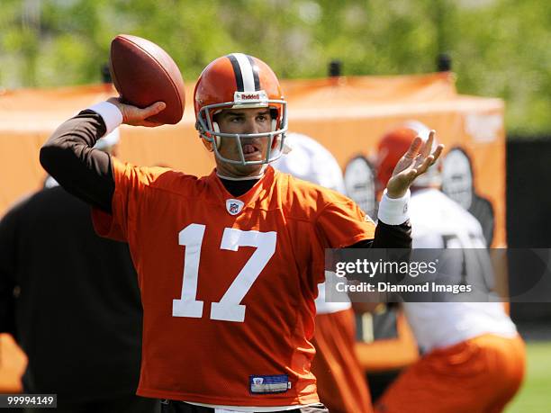 Quarterback Jake Delhomme of the Cleveland Browns throws a pass during the team's organized team activity on May 19, 2010 at the Cleveland Browns...