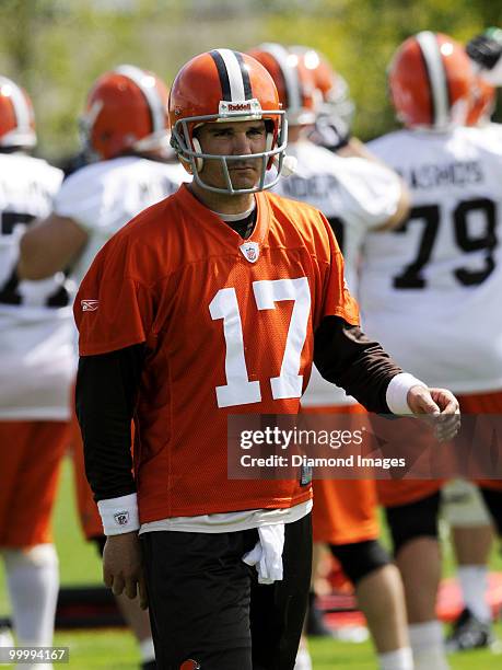 Quarterback Jake Delhomme of the Cleveland Browns watches a play during the team's organized team activity on May 19, 2010 at the Cleveland Browns...