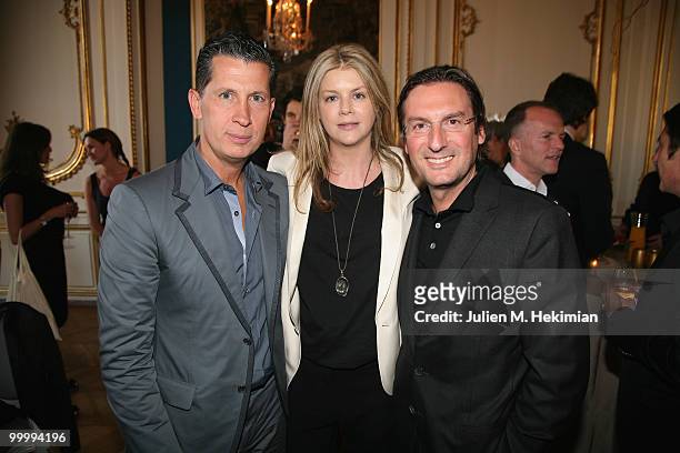 Stefano Tonchi, Virginie Mouzat and Pietro Beccari attend the cocktail reception for W Magazine's editor-in-chief at the Hotel D'Evreux on May 19,...