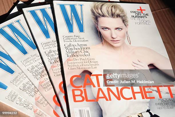 Magazines sit on display during the cocktail reception for W Magazine's editor-in-chief at the Hotel D'Evreux on May 19, 2010 in Paris, France.
