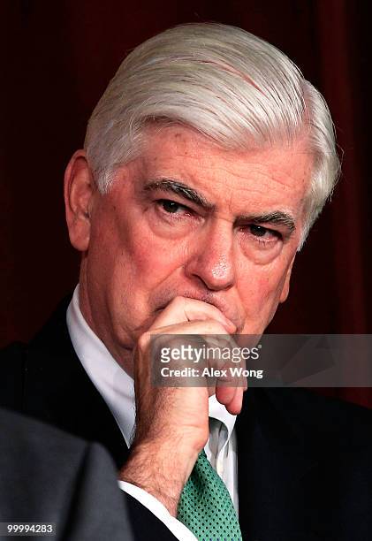 Sen. Christopher Dodd listens during a news conference on Capitol Hill May 19, 2010 in Washington, DC. Senate Democrats today failed to muster the 60...