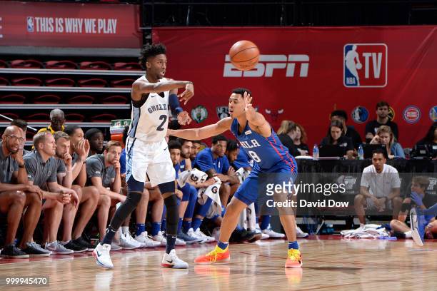 Kobi Simmons of the Memphis Grizzlies passes the ball against the Philadelphia 76ers during the 2018 Las Vegas Summer League on July 15, 2018 at the...