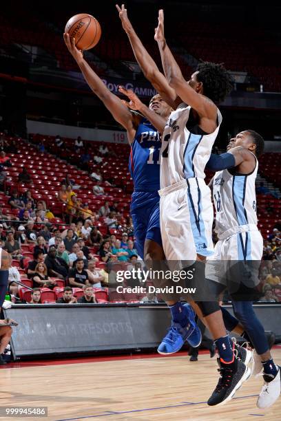 Demetrius Jackson of the Philadelphia 76ers goes to the basket against the Memphis Grizzlies during the 2018 Las Vegas Summer League on July 15, 2018...