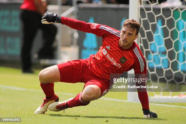 Tyler Miller of the Los Angeles Football Club recovers after making a save at Banc of California Stadium on July 15, 2018 in Los Angeles, California.