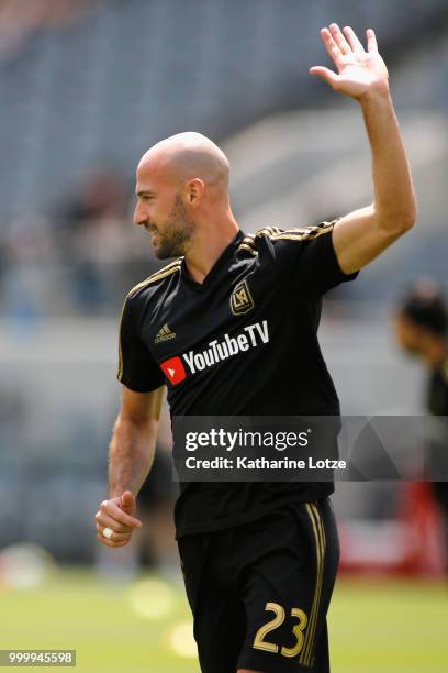Laurent Ciman of the Los Angeles Football Club waives to the crowd at Banc of California Stadium on July 15, 2018 in Los Angeles, California.