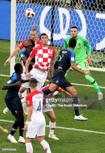 Mario Mandzukic of Croatia heads to score an own goal during the 2018 FIFA World Cup Final between France and Croatia at Luzhniki Stadium on July 15,...