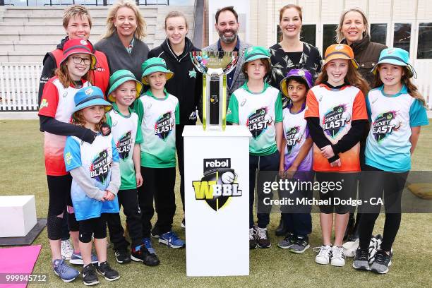 Melbourne Renegades WBBL player Jess Duffin and Melbourne Stars WBBL player Makinley Blows pose with Australian Minister for Sport, Senator the...