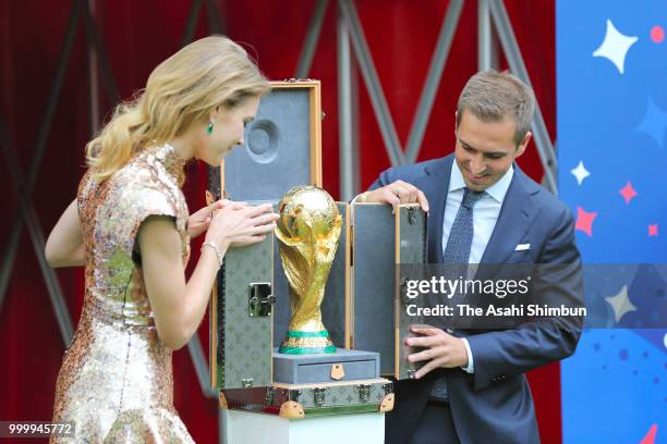 Former German International Footballer, Philipp Lahm and Natalia Vodianova present the 2018 FIFA World Cup Trophy prior to the 2018 FIFA World Cup...
