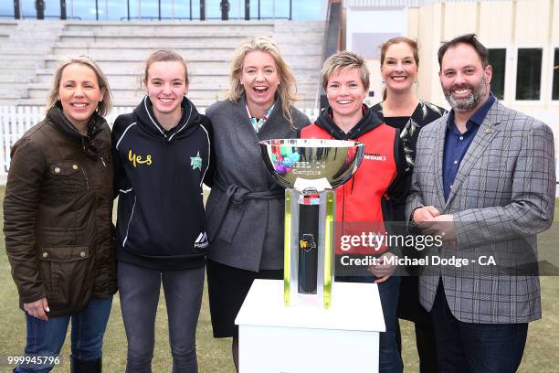 Melbourne Renegades WBBL player Jess Duffin and Melbourne Stars WBBL player Makinley Blows pose with Australian Minister for Sport, Senator the...