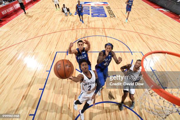 Kobi Simmons of the Memphis Grizzlies goes to the basket against the Philadelphia 76ers during the 2018 Las Vegas Summer League on July 15, 2018 at...