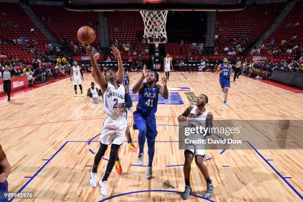 Kobi Simmons of the Memphis Grizzlies goes to the basket against the Philadelphia 76ers during the 2018 Las Vegas Summer League on July 15, 2018 at...