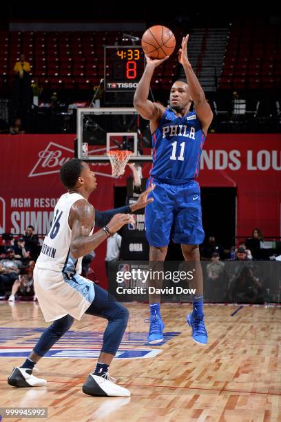 Demetrius Jackson of the Philadelphia 76ers shoots the ball against the Memphis Grizzlies during the 2018 Las Vegas Summer League on July 15, 2018 at...